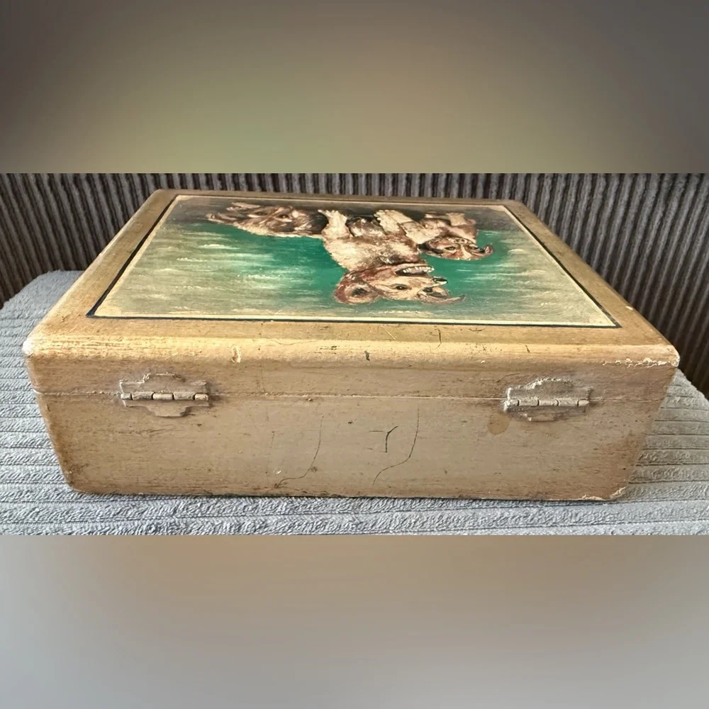 Antique Handpainted Signed Meyer Dog Cat Tin Boxes Jewelry Trinket Lot Of 4